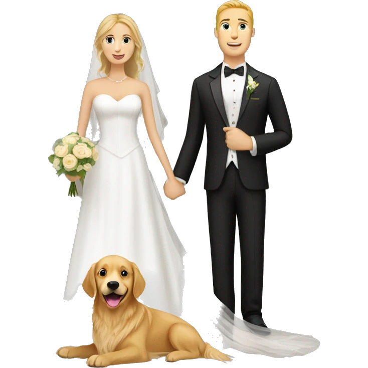 White bride and groom with golden retriever  emoji
