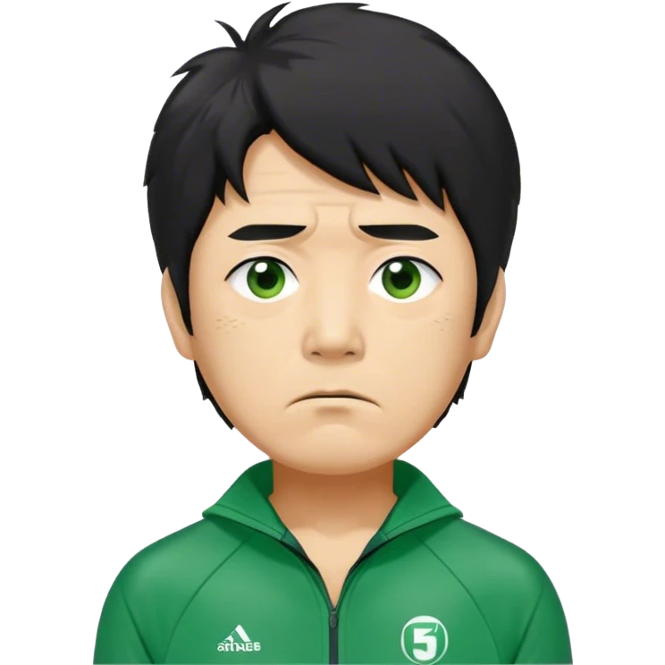Seong Gi-hun : age 60, A tall, slim man with messy, unkempt black hair and tired eyes, showing signs of stress, Green player tracksuit,  emoji