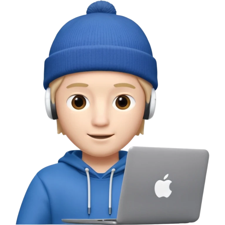 Apple Memoji–style 3D avatar of a young male with a beanie and AirPods, using a laptop, soft lighting, white background. emoji