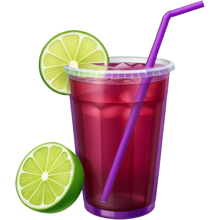maroon purple cocktail with a lime in a plastic cup with lid and straw  emoji