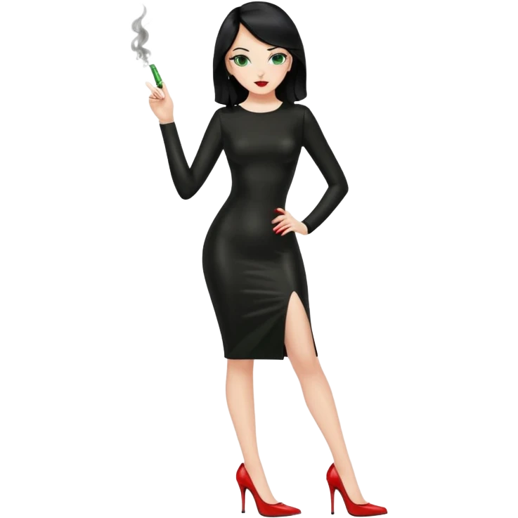 🕵🏻‍♀️💦🧥 black hair , green eyes , full body , red high heels , black latex dress , 🖕🏻🚬 emoji
