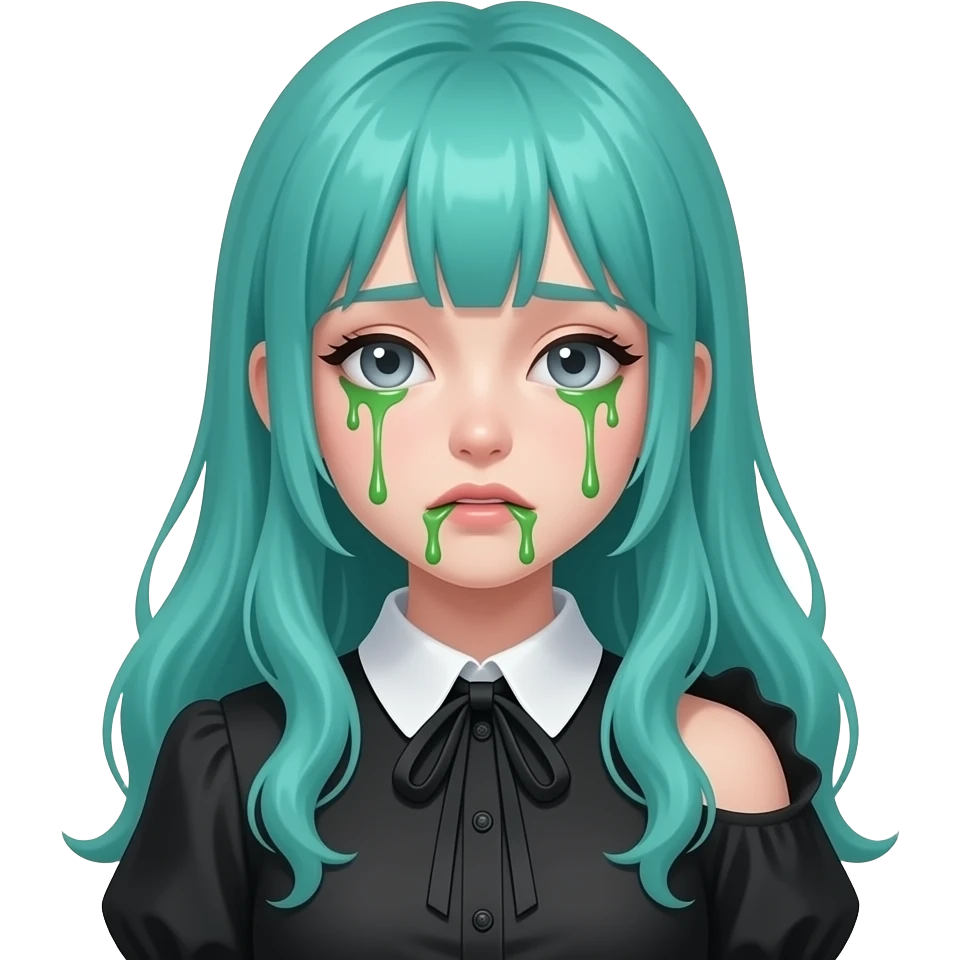 girl, sick, lot of green drool, long flowing teal hair, grey eyes, black shoulder cyberpunk blouse with fancy white collar emoji