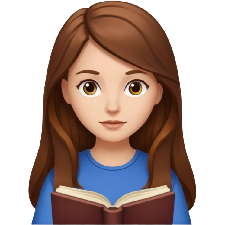 Emoji style white girl with long brown hair reading a book emoji