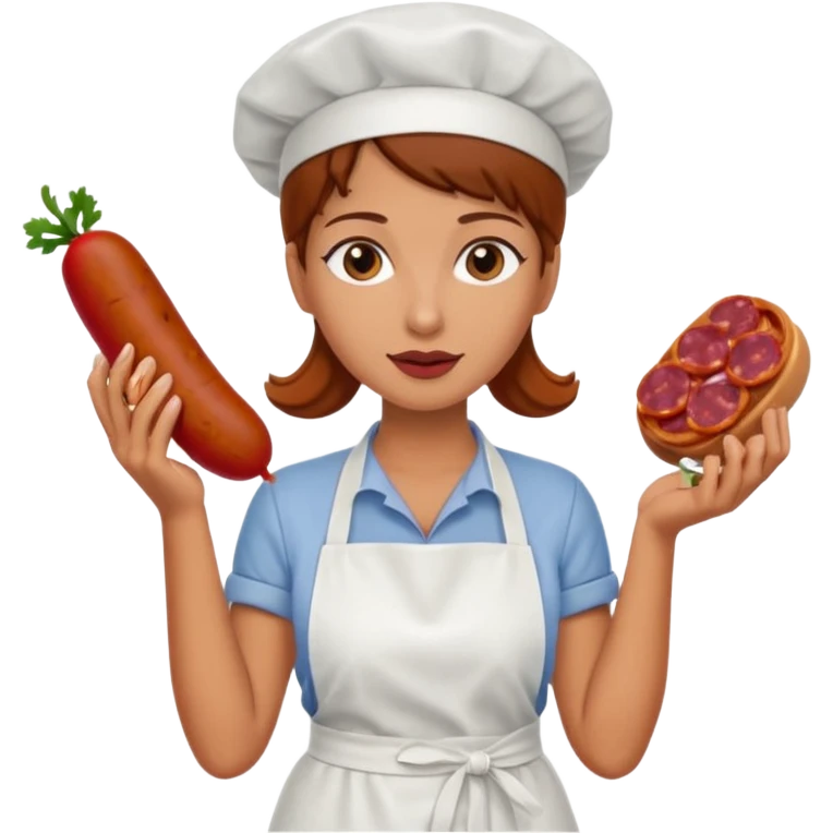 Charcuteraa con un chorizo y embutido en la mano con una redecilla en el pelo y delantal blanco emoji