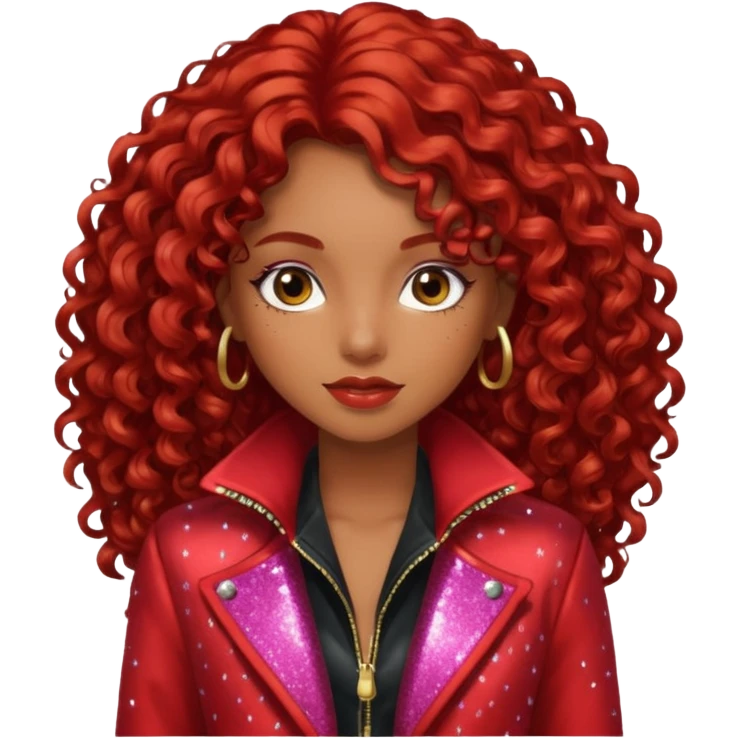 Sexyy red brown skin girl with red hair  long curly with glitter red jacket  emoji