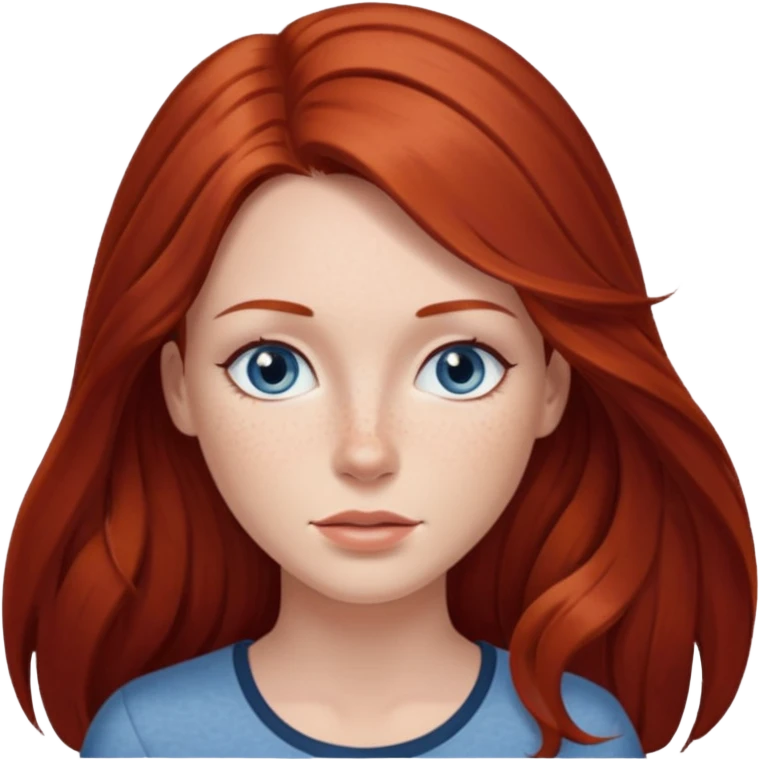 woman with long dark auburn red hair that is mostly straight but has slight waves to it. grey blue eyes. some freckles emoji