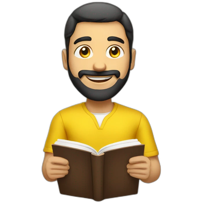 Armenian men with the yellow clothes reading book and looking at camera and smiling  emoji