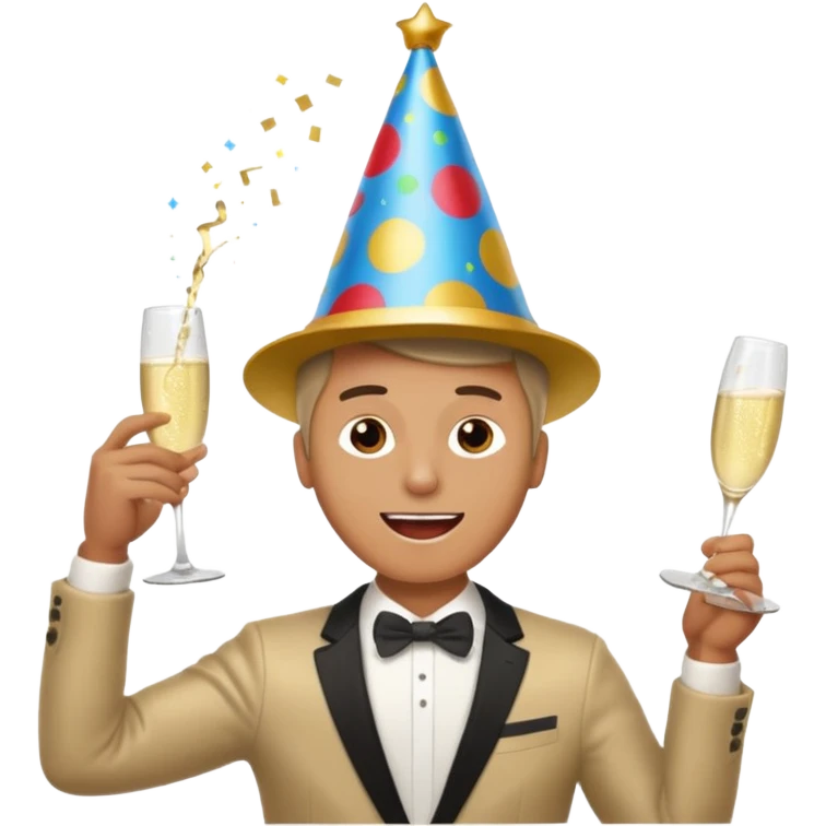 An energetic man throws his head back, drinking champagne loudly as the New Year begins. emoji