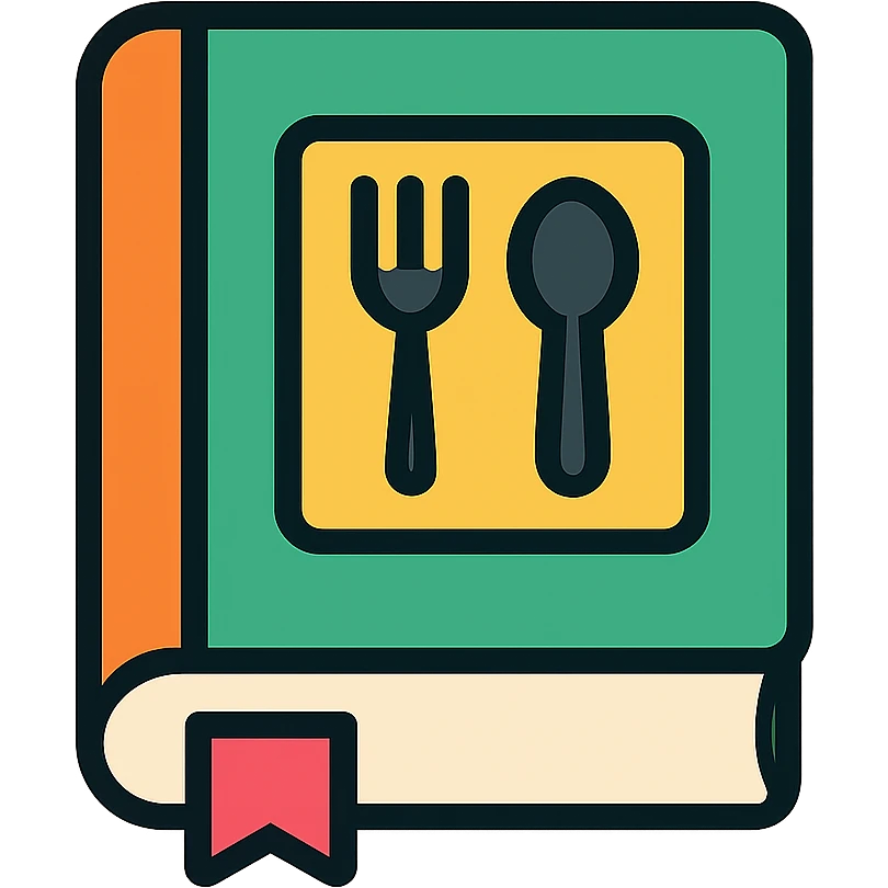 Closed cookbook with a fork and spoon symbol on the cover – collection of recipes emoji