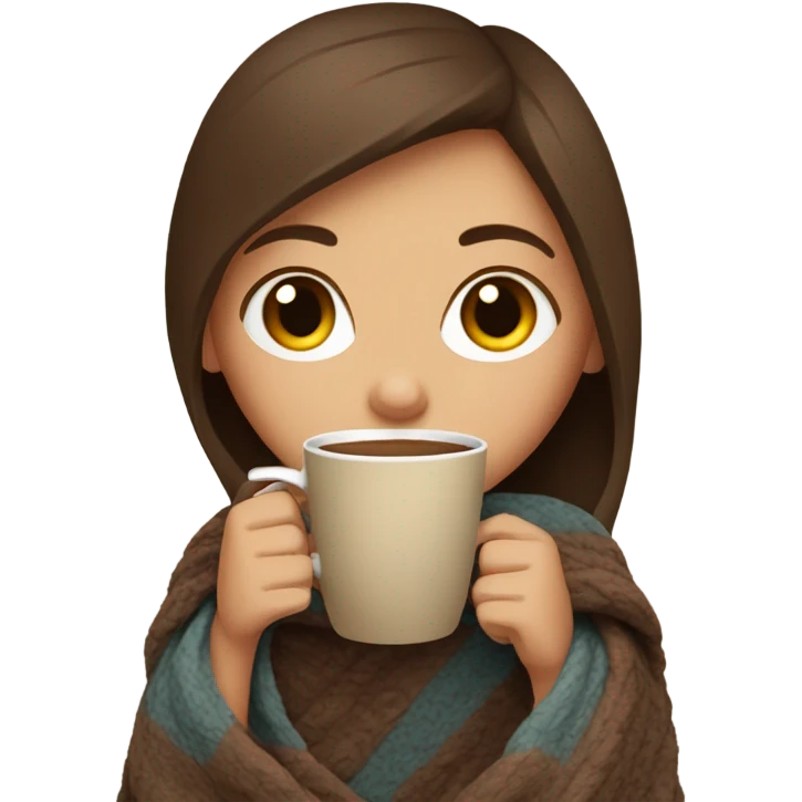 Brown hair Girl drinking coffee, with a cozy blanket emoji