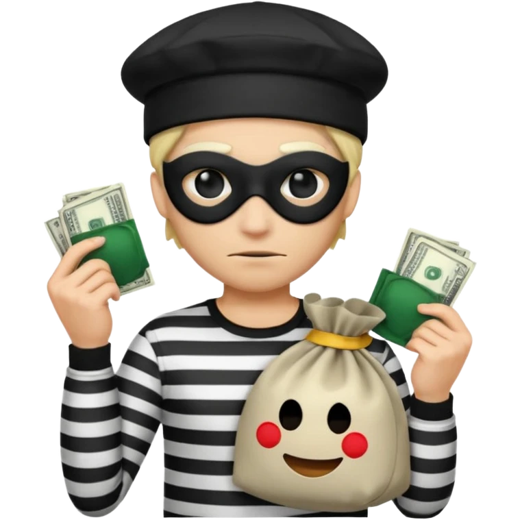 Realistic ios emoji-style portrait of a classic burglar, a black eye mask and a black-and-white striped shirt. emoji-like hair, black hat, a bag of money 💰 with a dollar sign in a right corner, evil expression  emoji
