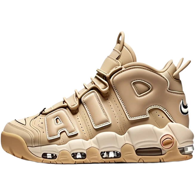 Beige Nike Air More Uptempo sneakers with large AIR letters on the sides, with one sneaker positioned slightly behind the other emoji