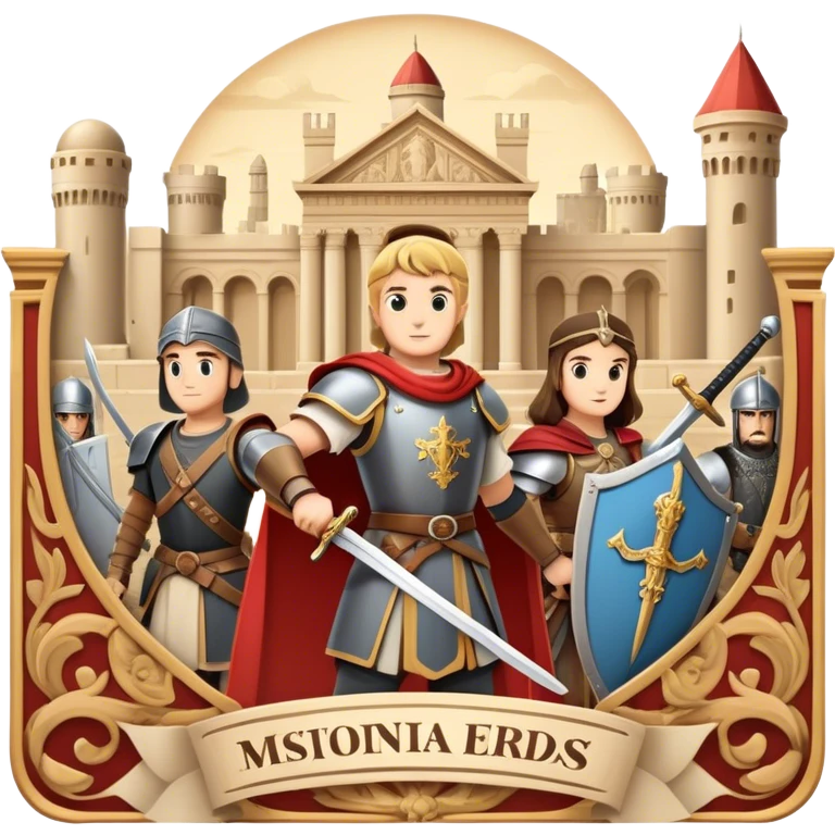 Icon for Historical Movies: A vintage movie poster-style design with elements of ancient architecture, historical figures in period costumes, and a backdrop of a historical event or battle. Include scrolls, swords, and shields. Retro cinematic feel. Transparent background. emoji