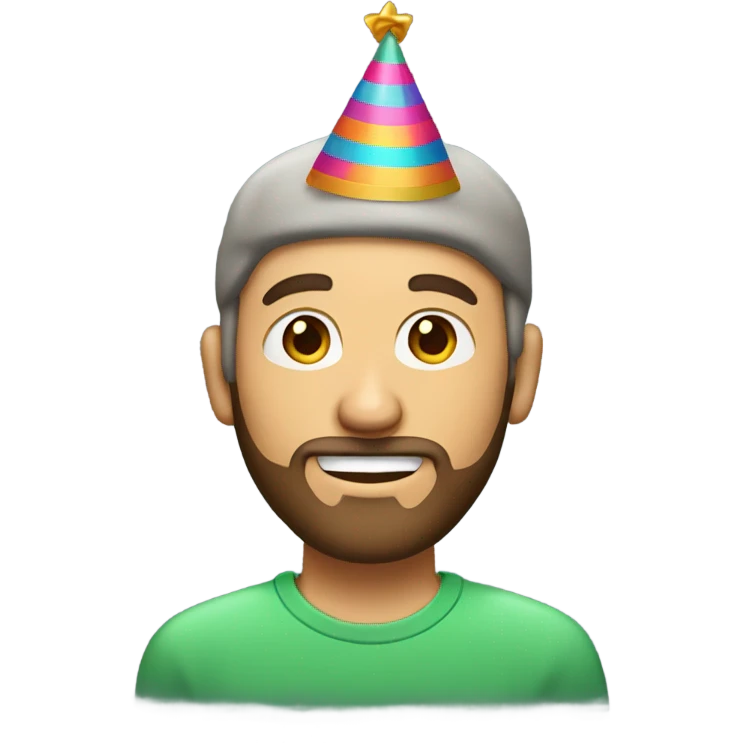 white man with sparse brown hair on his head and a beard in a birthday hat emoji