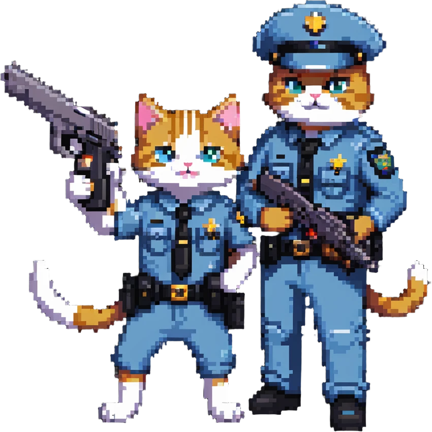 a cop and a cat with a gun, both in a playful pose emoji