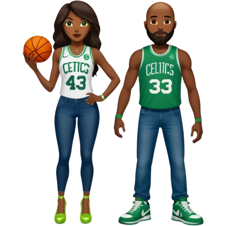 48-year-old dark skin black woman with brown eyes, long dark brown hair dressed in sexy 
celtics jersey costume outfit wearing stilettos. A bald white man with orange beard and has blue/green  eyes, wearing a Jason Tatum Boston Celtics Jersey, jeans & green Nike sneakers  emoji