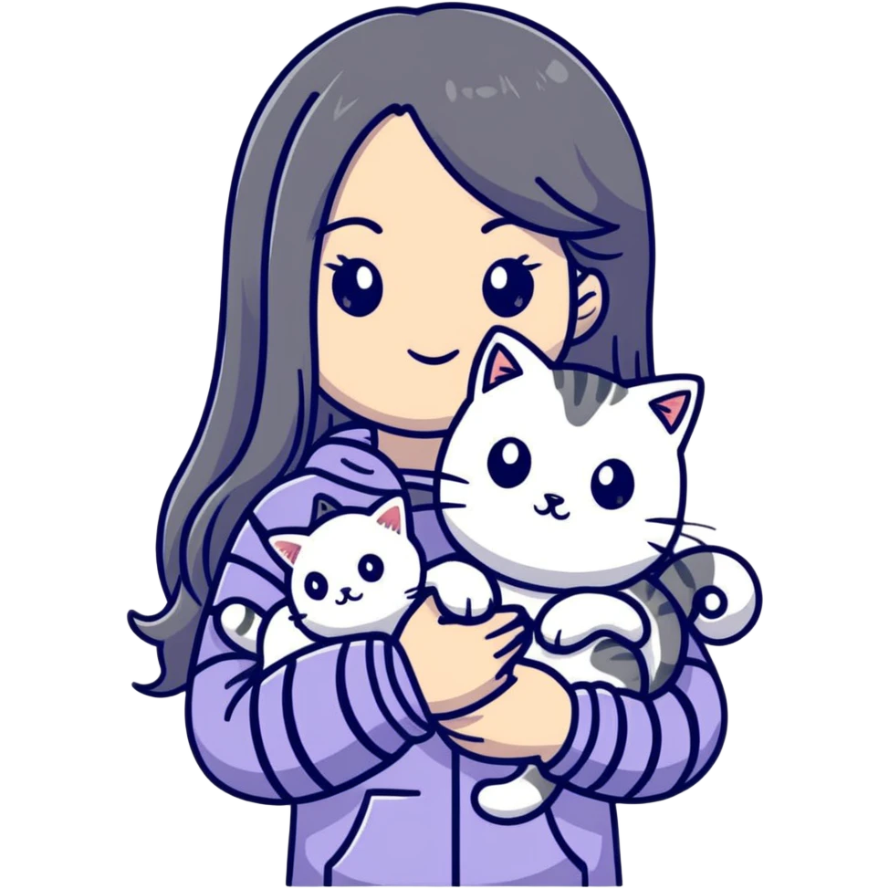 girl with long hair holding a cat with silver stripes emoji