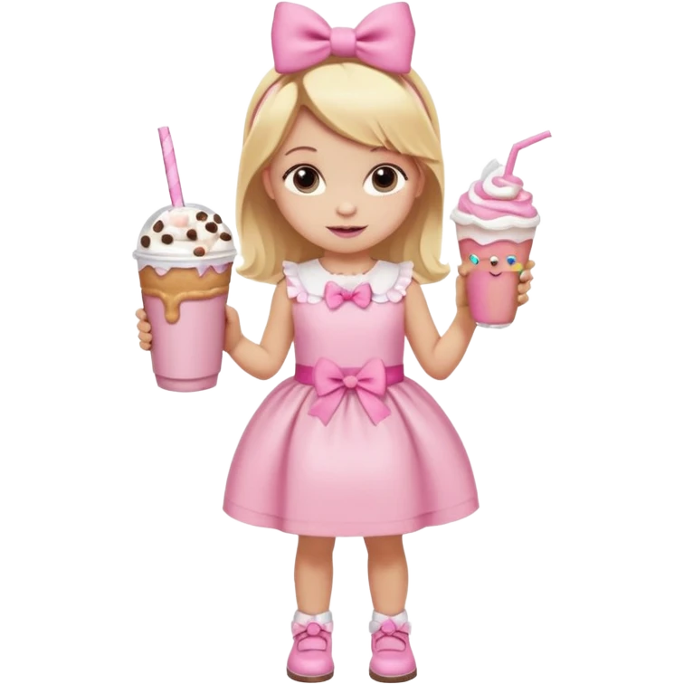 A little girl with a Dunkin' milkshake and a donut with pink frosting and marshmallows, wearing a pink coquette-style dress with bows and blonde hair. emoji