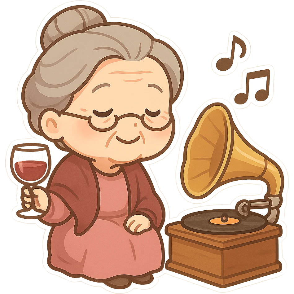 old lady with wineglass listening to gramophone emoji