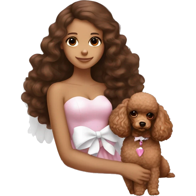 Brunette girl with long brown blowout hair and brown eyes, with large angel wings and a white bow in a strapless dress , holding a toy brown poodle with a pink bow emoji