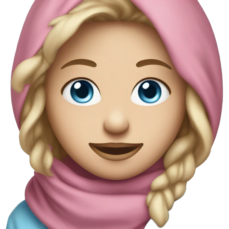 smiling girl with long dirty blonde hair and light blue scarf loosely covering head with blue eyes, pink lips  emoji