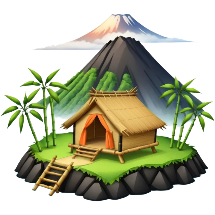 bamboo hut with volcano in the back in Volcano Island  emoji
