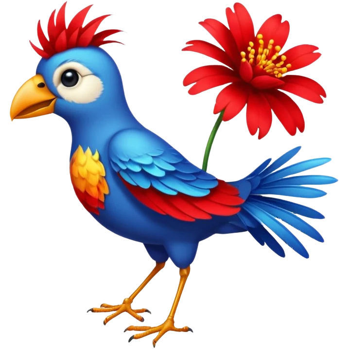A bird carrying a red flower emoji