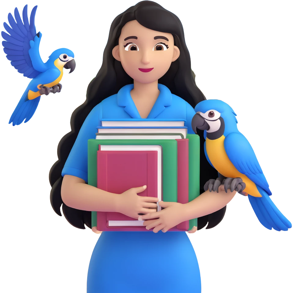 woman with long black hair and light brown skin, holding a stack of books in her arms, blue macaws flying around her, face as the focal point, with the arches of Atalaia Beach subtly in the background emoji