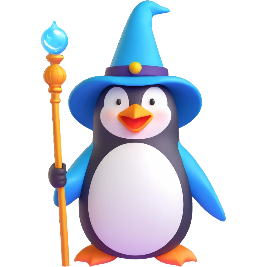 crazy wizard penguin, silly face, wizard hat, glowing staff emoji