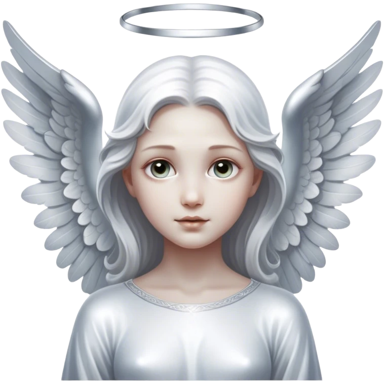 Cinematic Angel, Ultra realistic 32k HD, hauntingly beautiful, Balanced features, highly detailed, glowing with silver light, high shine, remembrance, a painting of white silver, fanciful, enchanting, ghostly. The image is so lifelike it feels as though it could leap off the canvas at any moment emoji