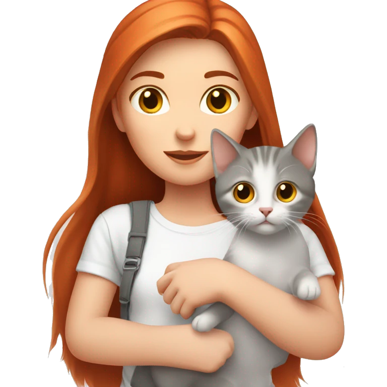 A red-haired girl in a white T-shirt is holding a gray kitten in her hands emoji