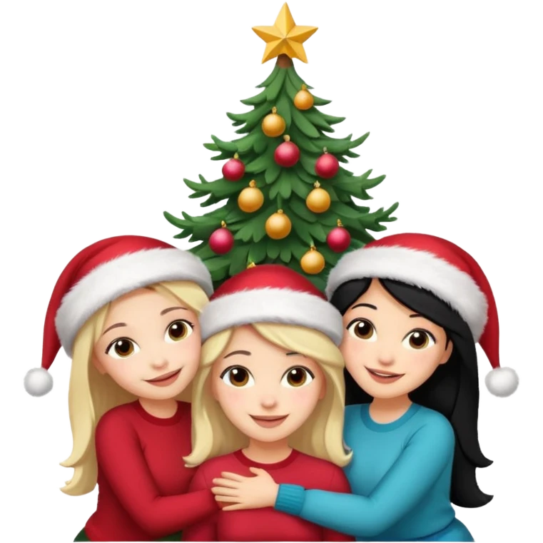 Generate Christmas-style emojis  family. Where light-skinned people stand near the tree all together, hugging and smiling. 2 girl should be Light-haired woman, 1 woman black-haired woman, and 1 man  emoji
