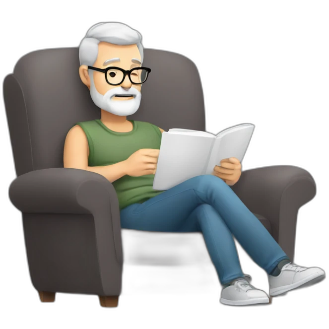 Gray Bearded 50 years old  man, glasses, perspective armchair, Reading at home, drinking a coffee, relax emoji