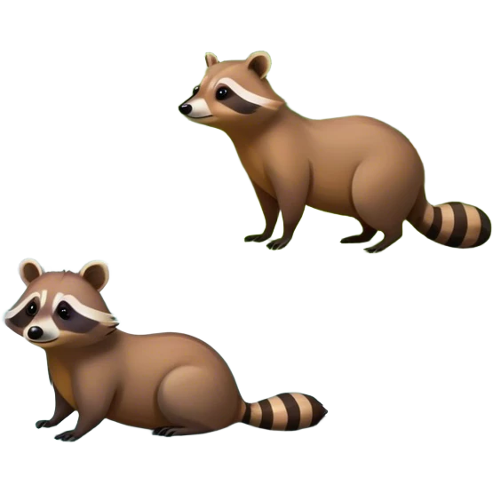 Collage of a raccoon and capybara in a lush, vibrant forest. The raccoon curiously looks around, while the capybara rests peacefully near a stream. The forest is full of green trees, leaves, and soft sunlight. A serene and natural background. emoji