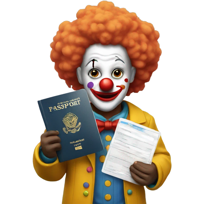 Clown holds a passport emoji