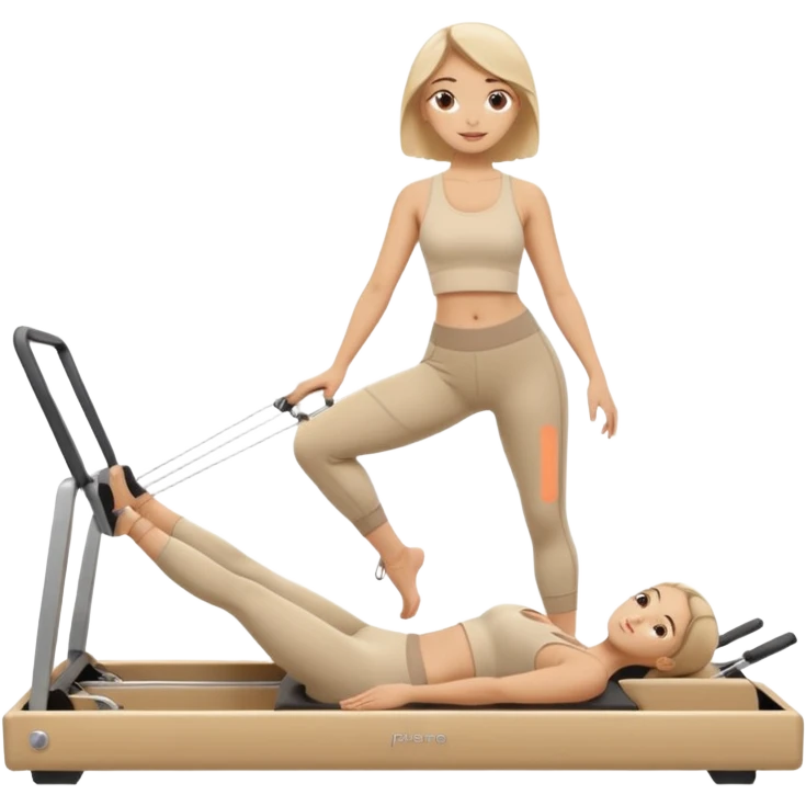 pilates beige reformer girl with beige set of clothes and beige reformer machine. emoji