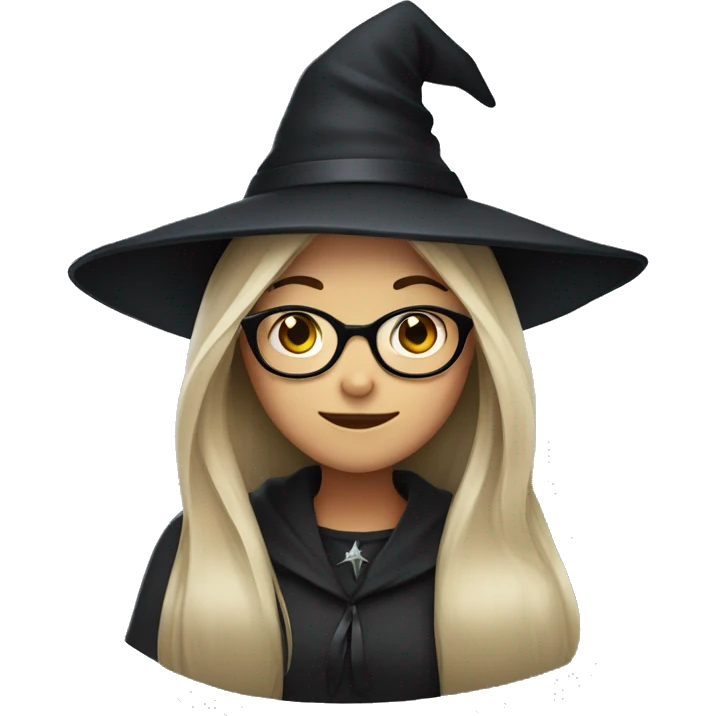 girl with black straight long hair, glasses and witch hat emoji