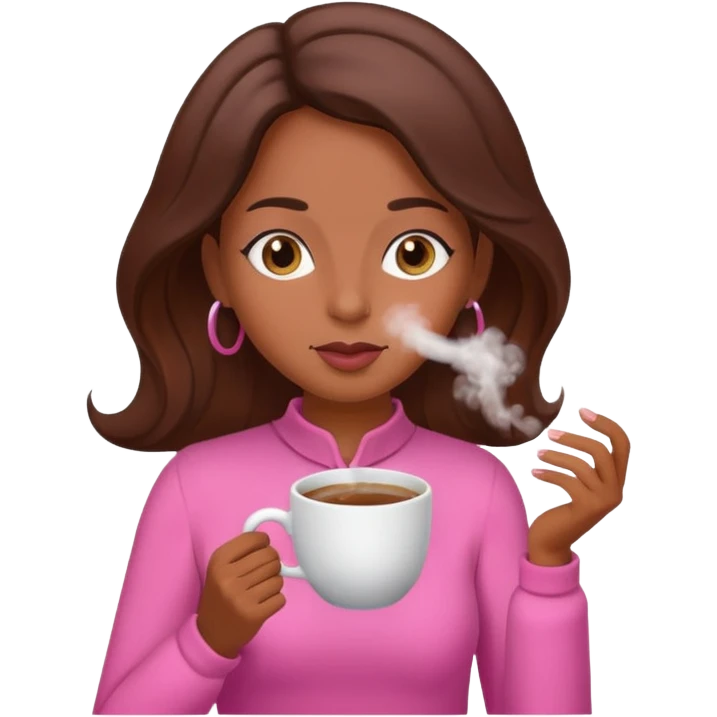 Mulher morena tomando café  com roupa rosa esfriando o café  emoji