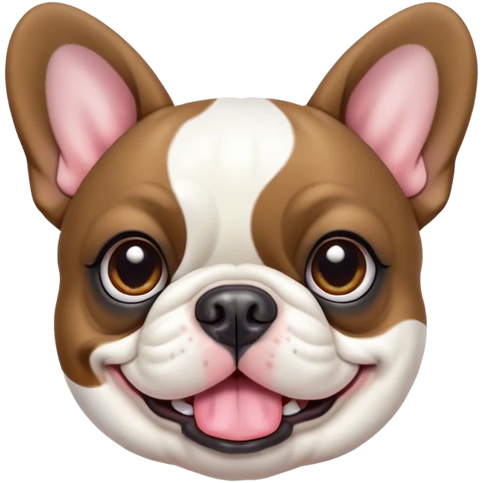 Cinematic Cute Pied French Bulldog Portrait Emoji, Head tilted with a sweet, mischievous grin and large, inviting eyes, featuring a unique pied fur of contrasting colors, simplified yet irresistibly endearing, highly detailed, glowing with a warm, playful radiance, high shine, exuding a quirky charm and affectionate personality, styled with a soft, lighthearted outline, capturing the essence of a cute Pied French Bulldog that looks ready to charm its way into your heart! emoji