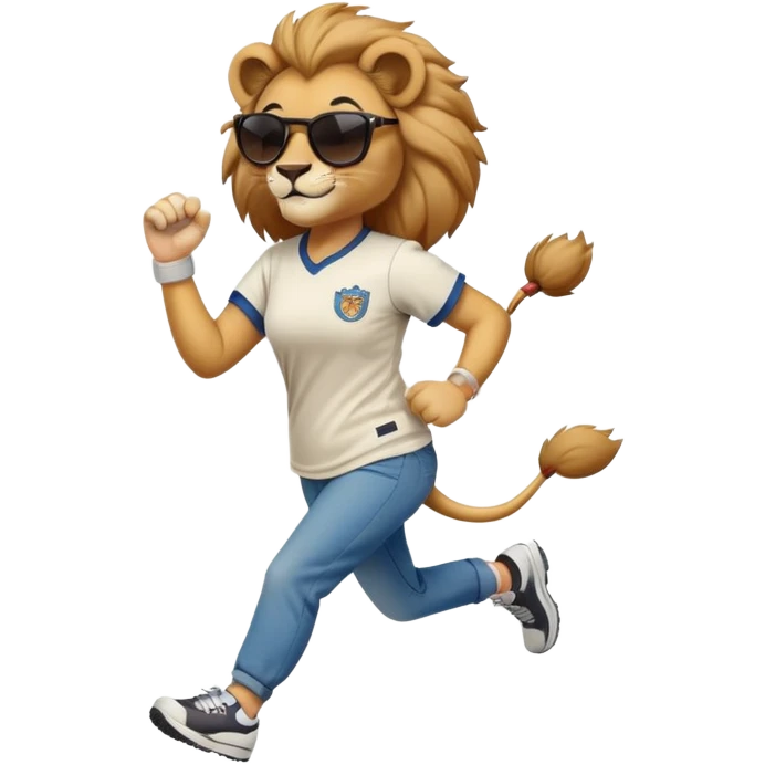 confident anthropomorphised female lion wearing a baseball shirt, jeans, trainers, dark sunglasses, jogging with a smile emoji
