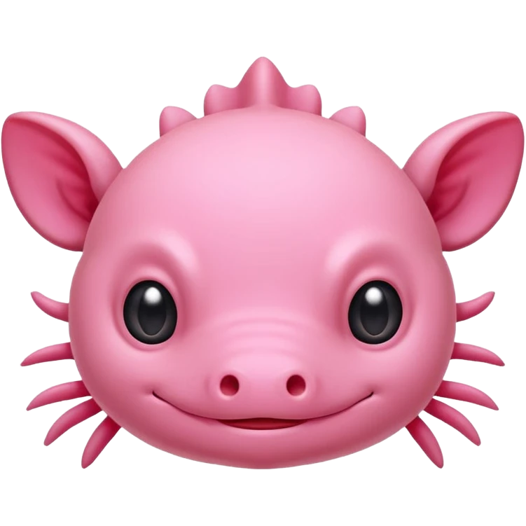 Cartoon pink axolotl face emoji, front view, flat wide head, external gills on both sides, big round eyes, small mouth, no snout, vector style, flat colors, transparent background. emoji