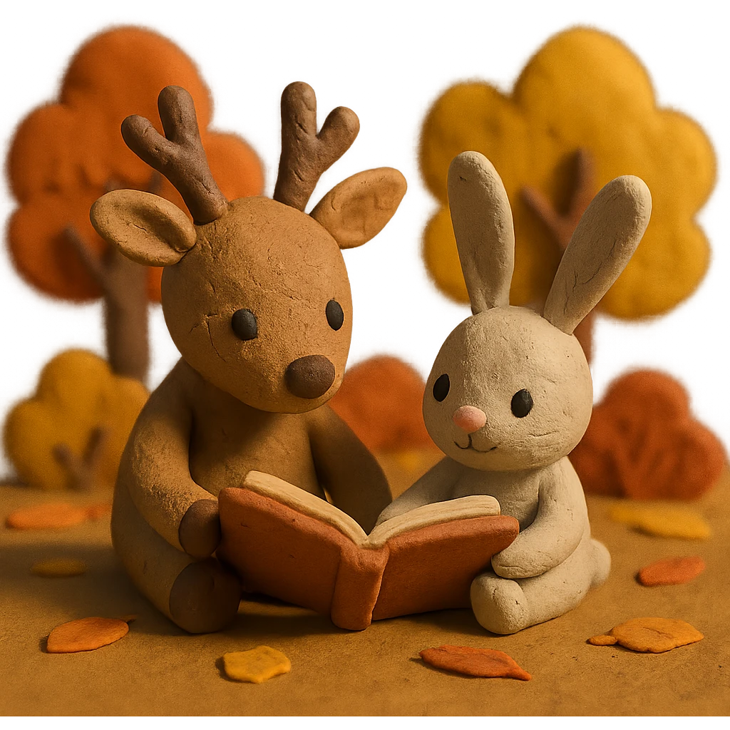 cute deer and bunny reading together in a soft autumn forest scene, claymation style emoji