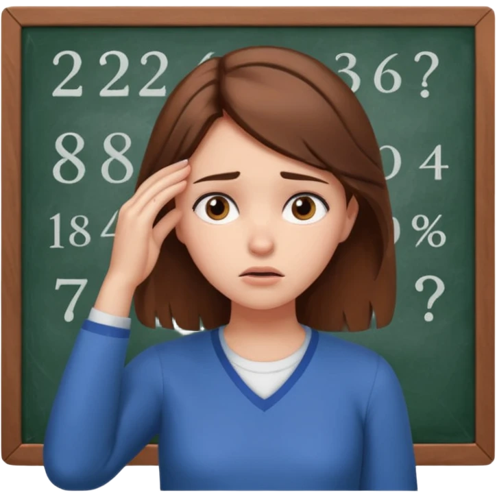 female student, looking puzzled, holding her head with one hand, thinking hard about a difficult math problem, expressive face emoji