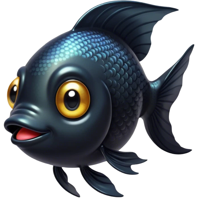 Cinematic Cute Black Goldfish Portrait Emoji, Head tilted playfully and inquisitively, featuring a glossy, deep black body with shimmering scales and round, sparkling golden eyes filled with curiosity, Simplified yet irresistibly adorable features, highly detailed, glowing with a warm, friendly glow, high shine, affectionate and lively, stylized with a touch of whimsy, bright and endearing, soft glowing outline, capturing the essence of a mischievous yet loving goldfish, so playful it feels like it could swim out of the screen and into your heart! emoji