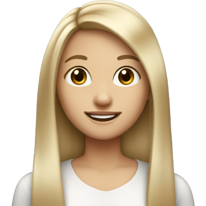 A girl with straight long hair , Ash Blonde hair styled in a bang. Fair skin. Dark brown eyes. Smiling naturally. emoji
