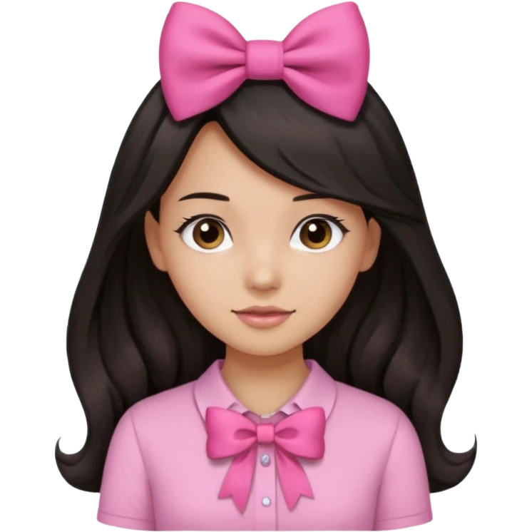 Pretty girl with long black straight kinda wavy hair with pink bow,pink shirt,and light brown skin color emoji