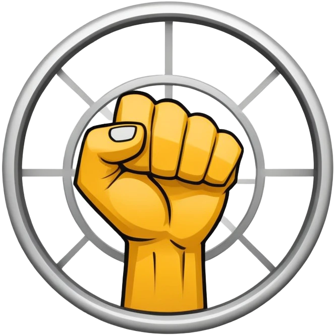 Round emblem symbolizing martial arts with a bold fist facing forward in the center. The fist is surrounded by dynamic lines representing movement and power. The design conveys strength, focus, and precision, with a minimalist background emphasizing the combat spirit. Transparent background. emoji