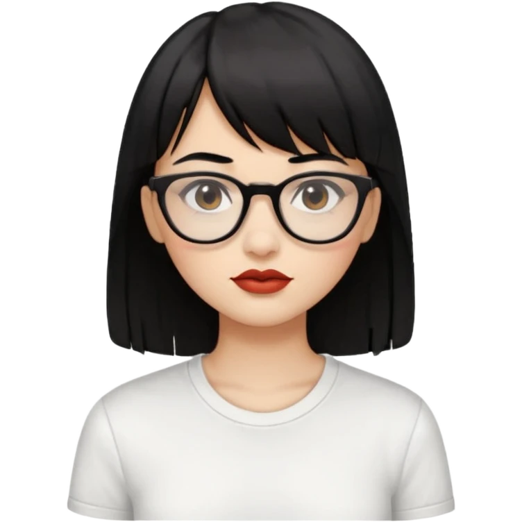 uma mulher snapchat icon, cor da pele normal, cabelo preto liso solto com franja, óculos pretos, piercing na boca e nariz, olhos castanhos, camisa branca emoji