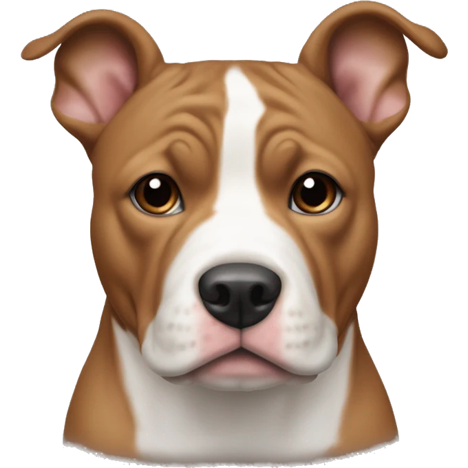 A light brown Stafford shire bull terrier with a white mark in the front of the chest and a white mark in between the eyebrows, from right above the nose and up to the eyebrows emoji