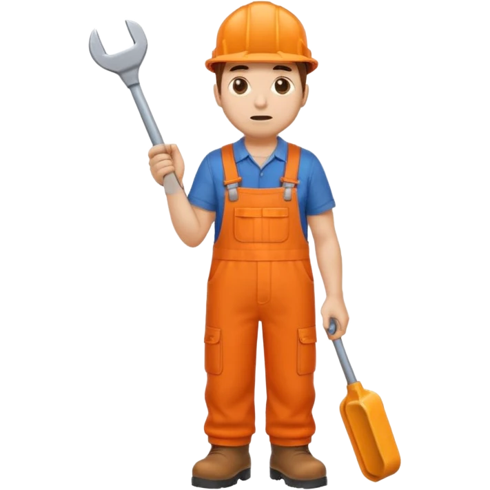 railway engineer, looking tired in full orange overalls, boots, holding a spanner emoji emoji